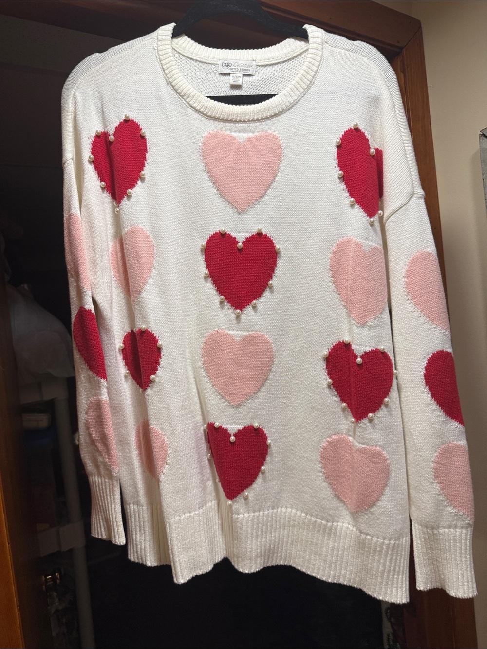 Cato White Sweater with Red & Pink Heart Motifs